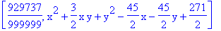 [929737/999999, x^2+3/2*x*y+y^2-45/2*x-45/2*y+271/2]